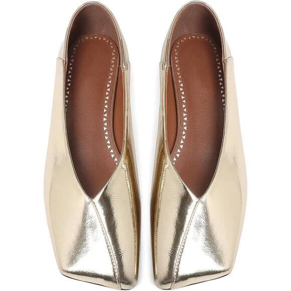 Women's Ballet Flats Square Toe Gold Patent Leather Dress Shoes Loafers Pull-On - Picture 2 of 6